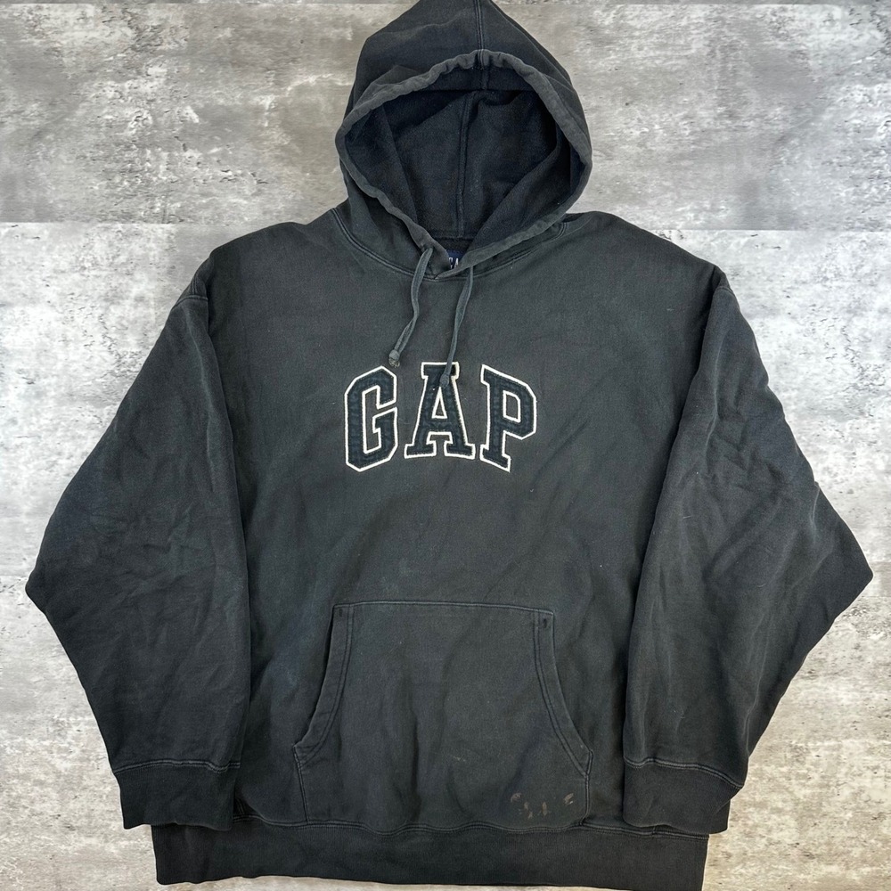 Gap Vintage Arch Logo Hoodie XL Faded Black Pullover 90s Heavyweight Fleece‎